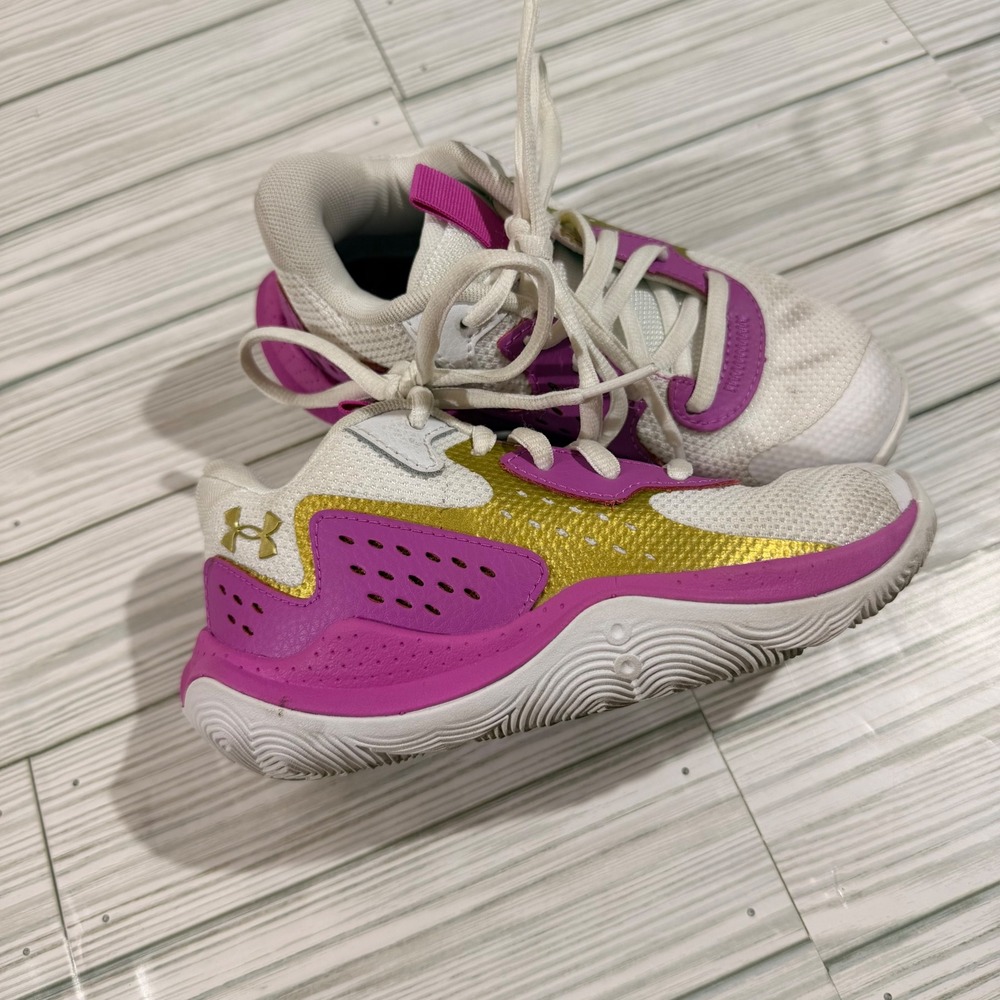 Under Armour Jet 23 Kids Basketball Shoes White Pink Gold 3026636-105 Size 12K